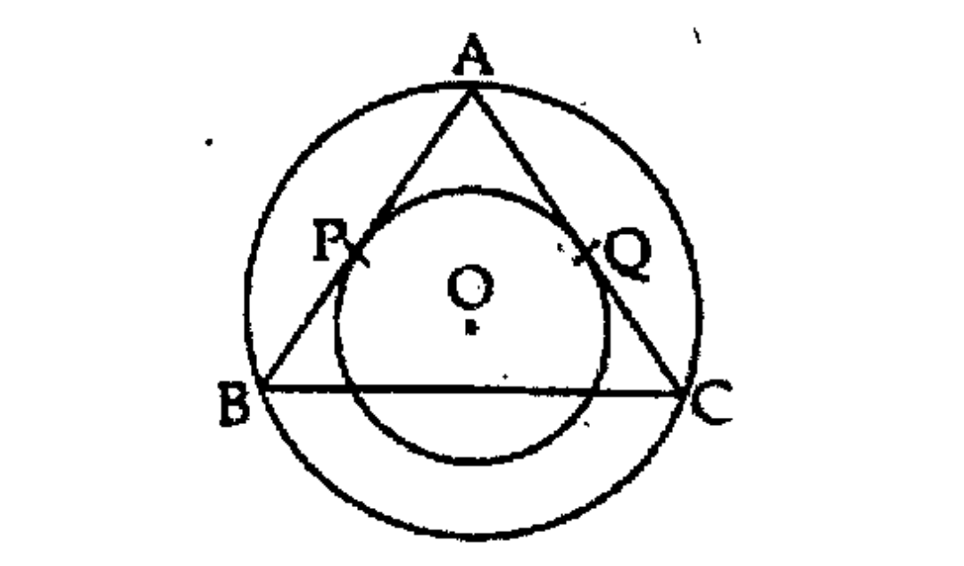 In the figure, O is the centre of both the circles. AB and AC touch the small circle at P and Q.A,B and C are points on the large circle.   If AP=5 centimetres, then what is the length of AQ?   .