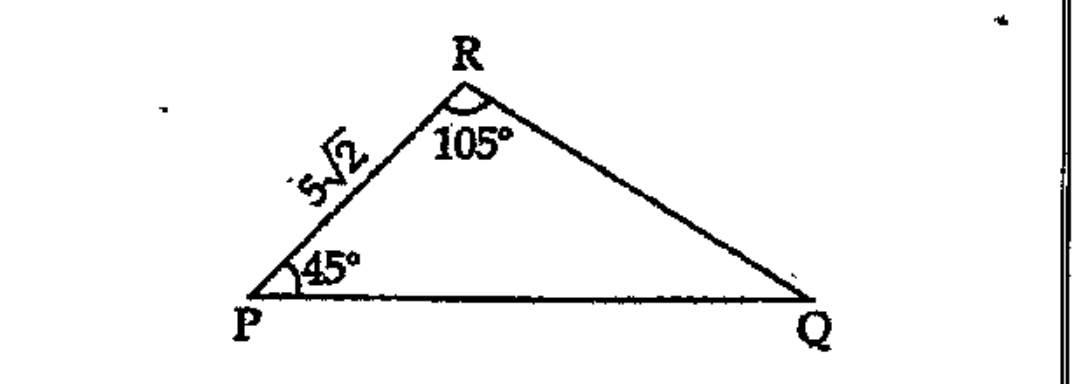 In the triangle, angleP=45^o, angleR=5sqrt2 centimetres.   What is the perpendicular distance from the vertex R to PQ?   .