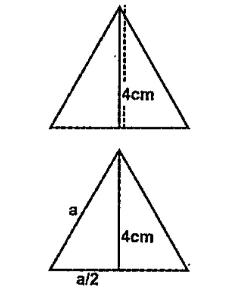 Calculate the length of the sides of the equilateral triangle on the right correct to a millimeter.   .