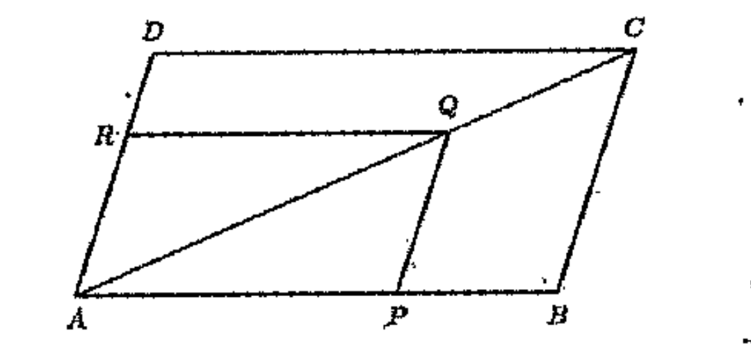 In the parallelogram ABCD, the line drawn through Q point P on AB, parallel to BC meets AC at Q. The line through Q, parallel to AB meets AD R.   Prove that   (AP)/(PB)=(AR)/(RD). .