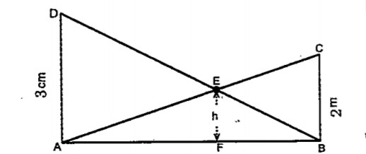 Two poles of height 3 m and 2m are erected upright on the ground and ropes are stretched from the top of each to the foot of the tower.    Prove that this height would be the same whatever be the distance between the poles.  .