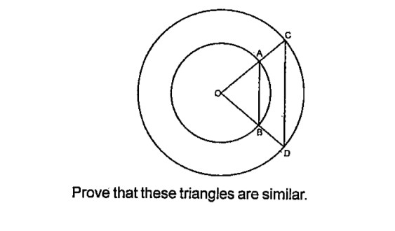 The picture shows two circles with the same centre and two triangles formed by joining the centre to the points of intersection of the circles with two radii of the larger circle.   prove that these triangles are similar   .