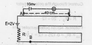 A potentiometer wire of length 100 cm has resis tance of 10 ohms. It is connected in series with a resistance R and a cell of emf 2V and negligible in ternal resistance. The circuit is as shown below.         What is the resistance of 40 cm length of the potentiometer wire ?