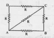 Five equal resistances each of value .R. 2 are connected as a network shown below:       - Find the equivalent resistance between point marked .A. and .B..