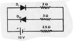 Assuming that the two diodes D1, and D2, used in the electric circuit as shown in figure are ideal. Find out the value of current flwoing through 2.5Omega resistor.