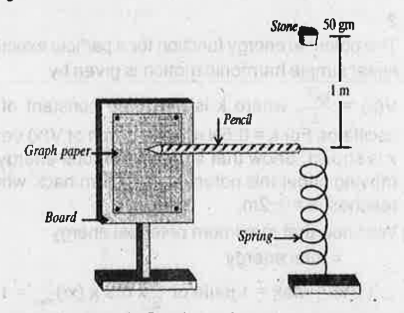 A graph paper is situated on a board as shown in figure. Near the graph paper a spring is placed. A pencil attached to the end of the spring as shown in figure. The pencil is free to move on the graph paper. A stone of mass 50g m is placed 1 m above the spring. [Spring constant k= 98N/m]. What will happen to the length of mark if spring having smaller spring constant is used? Justify.