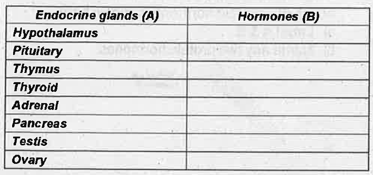 Read column A and using the terms given in bracket fill column B. (Progesterone, Testosterone, Glucagon, Glucocorticoids, Prolactin, Vasopressin, Thymosin, Adrenaline, Follicle Stimulating hormone)