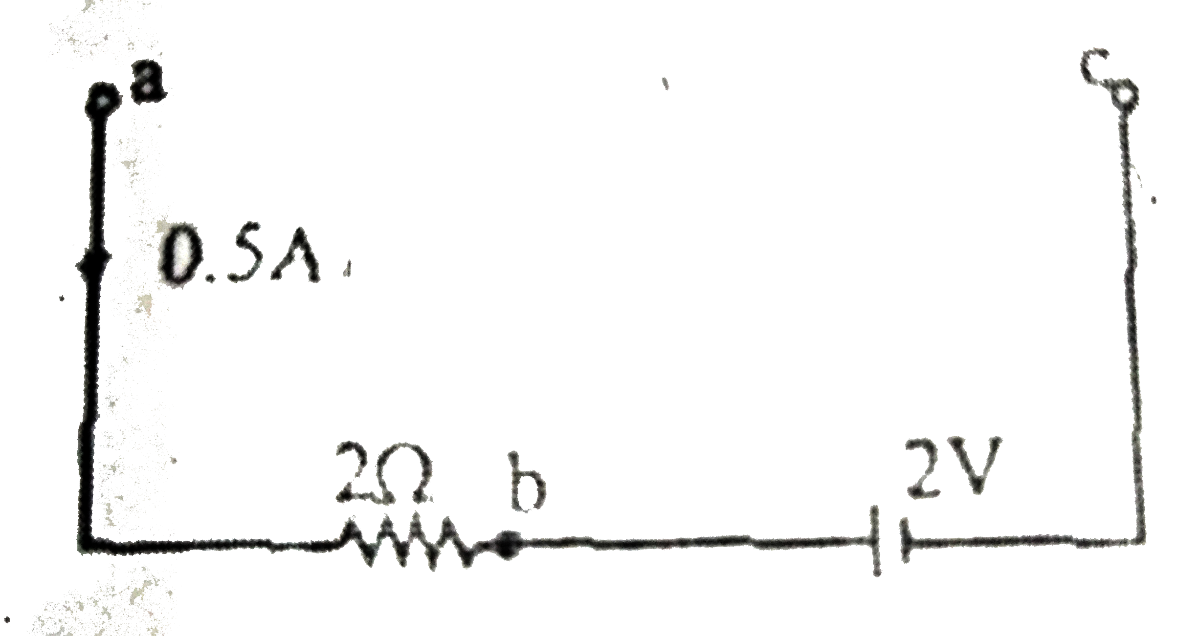 In the given diagram, a current of 0.5 A is caused to pass through a resistance as shown. The emf of the cell is 2V, and its internal resistance is zero. Indicate the wrong statement: