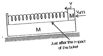 In the figure shown,  initially the spring is in relaxed position. A bullet of mass m hits the block 'A' with horizontal speed v(0) and gets embedded into it. Find the maximum compression in the spring. Stiffness of the spring is K. Neglect any friction and deformation in the spring during collision.
