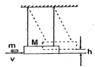 A frequently used device to measure the speed of bullets is the ballistic pendulum. It comprises of a heavy block of wood of mass M suspended by two long chords. A bullet of mass m is fired into the block horizontally. The block, with the bullet embedded in it, swings upwards. The centre of mass of the combination rises through a vertical distance h before coming to rest momentarily. In a particular experiment, a bullet of mass 40 gm is fired into a wooden block of mass 10 kg. The block is observed to rise by a height of 20.0 cm.          If the bullet penetrates the block to a depth of 3.0 cm, the approximate average force of resistance by the block of wood is