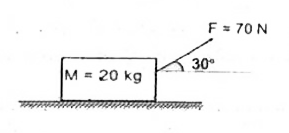 A wooden box of mass 20 kg is kept on a rough horizontal surface. The co-efficient of static friction mu(s)=0.41 and co-efficient of kinetic friction mu(k)=0.3 exist between the box and the horizontal surface. A constant force F of 70N is applied to the box at an angle of 30^(@) with the horizontal. Find the acceleration of the box on the surface and the frictional force on the box. Take g=10m//s^(2).