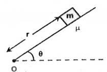A small block of mass m is placed at a distance r from one end of a plank. The plank is given a constant angular velocity omega about an axis passing through point O and perpendicular to the plane. The block starts sliding down the plane when the plank makes an angle theta with horizontal. Calculate the coefficient of friction between the particle and the plank.