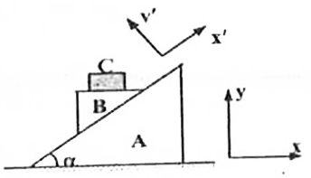 In the shown figure, the wedge A is fixed to the ground. The prism B of mass M and the block C of mass m is placed as shown. Find the acceleration of the block C w.r.t. B when the system is set free. Neglect any friction.