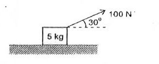 A block of mass 5 kg is placed on a rough horizontal plane. The coefficient of static and kinetic friction between the block and surface is 0.5 and 0.3 respectively. A force of 100 N is applied  at an angle of 30^(@) from the horizontal as shown in the figure. The acceleration of the block will be [g=10m//s^(2)]