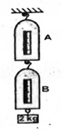 A block of mass 2kg is suspended through two light spring balances A and B. Then A and B will read respectively