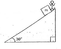 A man wants to slide down a block of mass m which is kept on a fixed inclined plane of inclination 30^(@) as shown in figure initially, the block is not sliding. To just start sliding the man pushes the block down the inclined with a force F. Now the block starts accelerating. To move it downwards with constant speed, the man starts pulling the block with same force. Surfaces are such that ratio of maximum static friction to kinetic  friction is 2. Now, answer the following questions.   What is the value of F?