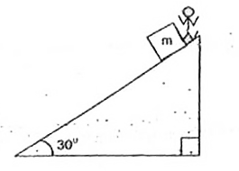 Now a man wants to slide down a block of mass m which is kept on a fixed inclined plane of inclination 30^(@) as shown in figure initially, the block is not sliding. To just start sliding the man pushes the block down the inclined with a force F. Now the block starts accelerating. To move it downwards with constant speed, the man starts pulling the block with same force. Surfaces are such that ratio of maximum static friction to kinetic  friction is 2. Now, answer the following questions.   What is the value of mu(s) ?