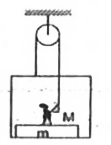 A man of mass M is standing on a plank kept in a box. The plank and box as a whole has mass m. A light string passing over a fixed smooth pulley connects the man and box. If the box remains stationary, find the tension in the string and the force exerted by the man on the plank.