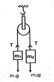 Consider the case of two bodies of masses m(1) and m(2) which are connected by light inextensible string passing over a light smooth pulley as shown in the figure. The expression for acceleration of the system and tension of the string are expressed below under different situations:        (i) when m(1) gt m(2). In this case   a=((m(1)-m(2))/(m(1)+m(2)))g and T=((2m(1)m(2))/(m(1)+m(2)))g   (ii) when m(2) gt m(1). In this case    a=((m(2)-m(1))/(m(1)+m(2)))g and T=((2m(1)m(2))/(m(1)+m(2)))g   (iii) When m(1)=m(2)=m. In this case a = 0, T = mg   What is the tension in the string?