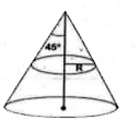A ring of mass m and radius R rests in equilibrium on a smooth cone of semi-vertical angle 45^(@) as shown. The radius of the cone is 2R. the radius of circular cross  section of the ring is r(r lt lt R).       What will be the tension in the ring?