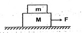 A block of mass m is placed on another block of mass M lying on a smooth horizontal surface as shown in the figure. The co-efficient of friction between the blocks is mu. Find the maximum horizontal force F (in Newton) that can be applied to the block M so that the blocks together with same acceleration? (M=3kg, m=2kg, mu=0.1, g=10m//s^(2))