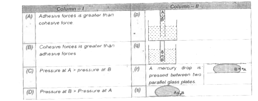 Each question  contains statements  given  in two columns  which  have to be matched . Statement (A,B,C,D) in column I have  to be matched  statements  (p,q,r,s) in column  II. Capillary rise and shape of droplets on a plate  due to surface tension are shown in column - II . Match  the following