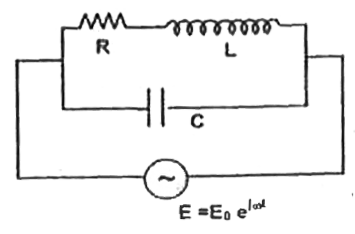 Consider the parallel resonant circuit shown in adjacent figure. One branch contains an inductor of inductance L and a small ohmic resistance R, whereas the other branch contains a capacitor of capacitance C. The circuit is fed by a source of alternating emfE= E(o) e^(jomegat)=E(o)  sin omegat The impedance of inductor branch, Z (1)= R + jomegaL  The impendence of capacitor branch, Z(2) = (1//jomegaC) therefour Net impedance Z of the two parallel branches is given by (1)/(Z)=(1)/(Z(1))+ (1)/)Z(2)=(1)/(R+jomegaC =(R-jomegaL)/(jomegaL)(R-jomegaL)+jomegaC=(R)/(R^(2)+omega^(2)+L^(2))+jomega[C-(L)/(R^(2)+omegaL^(2))] The current flowing in the circuit I=(E)/(Z)=(E)[(R)/(R^(2)+omega^(2)L^(2))+jomega(C-(L)/(R^(2)+omega^(2)L^(2)))] For resonance to occur, the current must be in phase with the applied emf. For this, the reactive component of current should be zero, l.e. omega[C-(L)/(R^(2)+omega^(2)L^(2))]=0 orC=(L)/(R^(2)+omega(r)^(2)L^(2))(writing omega(r)for omegaat resonance)  This gives resonant angular frequency omega(r)=sqrt((1)/(LC)-R^(2)/(L^(2))) At parallel circuit resonance, theimpendence is maximum and current is minimum. Parallel resonant circuit is sometimes called the anti-resonance in order to distinguish from series resonance QFind the impedance of AC circuit at resonance shown in the adjacent figure     Find the impedance of AC circuit at resonance shown in the adjacent figure