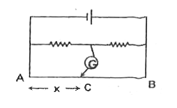 In the meter bridge circuit shown, the null point is obtained at C (AC = x) on the wire AB. If the diameter of the wire AB is doubled, the position of the new null point C' will correspond to