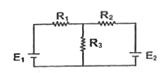 In the circuit shown, E(1)= 7 V, E(2) = 7 V, R(1) = R(2) = 1Omega and R(3) = 3 Omega respectively. The current through the resistance R(3)