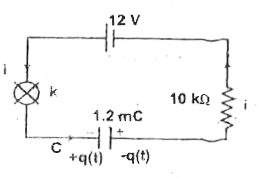 A capacitor C (=100 muF) is charged with a total charge of 1.2 xx 10^(-3)C and connected in a circuit as shown. Find the current in the circuit after the key k is closed ( t= 0) as a function of time (t). Notice that the positively charged plate of the capacitor is connected to the negative terminal of the cell