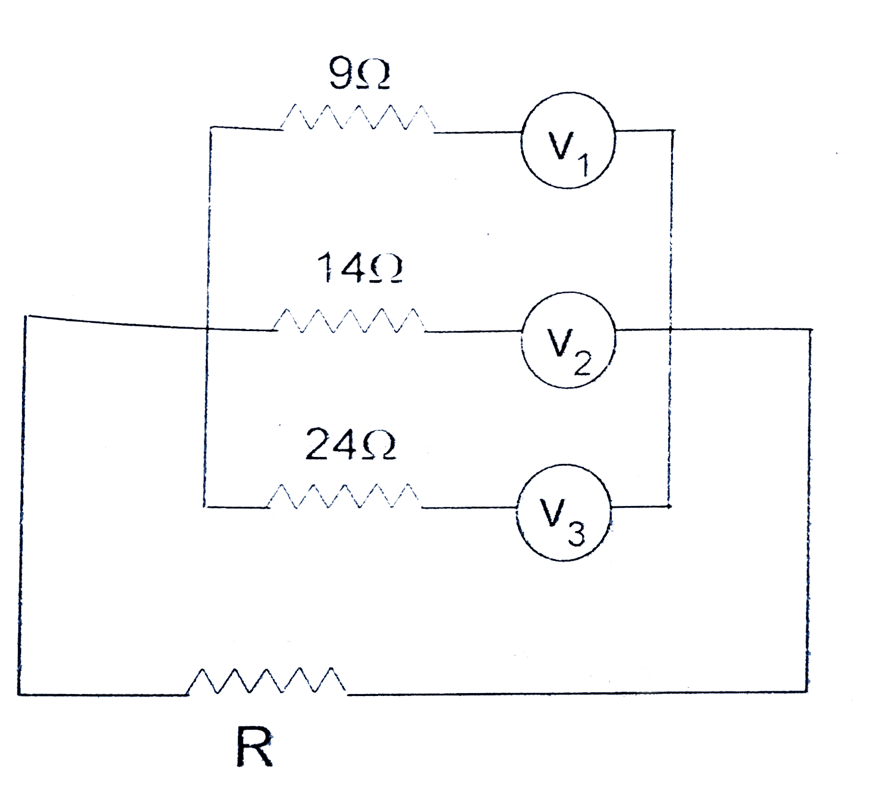 The figure shows a portion of a circuit. Resistor are known and indicated on diagram and voltmeter are identical. If voltmeters v(1) and v(2) reads 7.5v and 5v respecticely then reading of v(3)