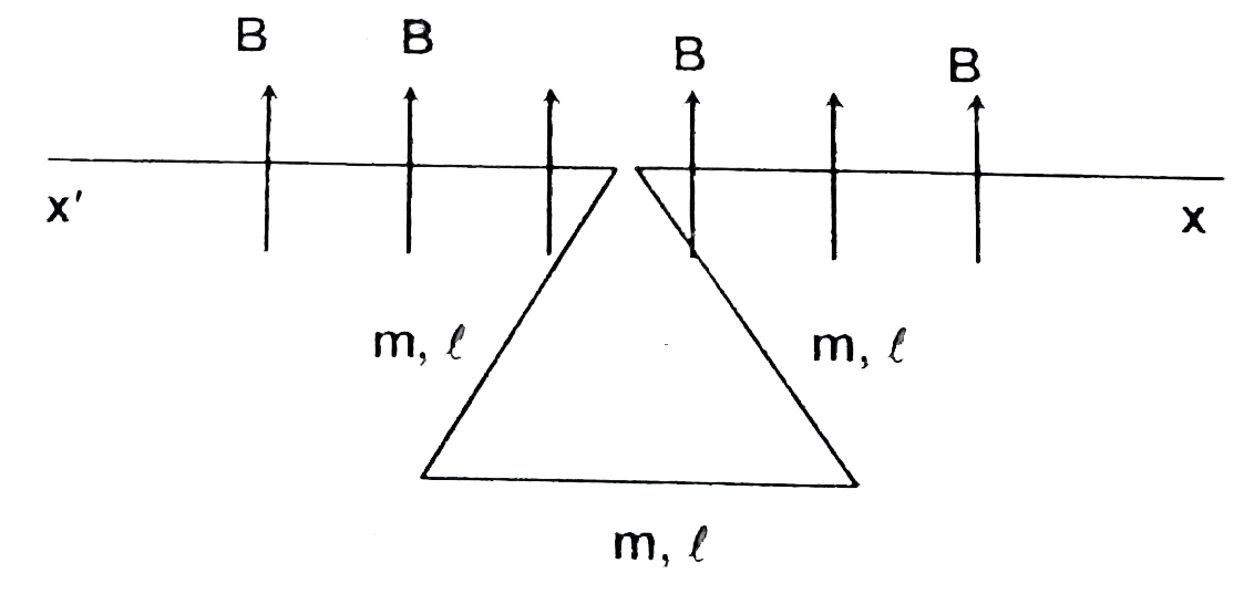 A uniform wire of mass '3m' and length '3I' is bent into the shape of an equilated triangle and suspended from a horizontal axis X'X in a vertical plane as shown. A unifrom vertical upward magnetic field 'B' is existing in the region. If charge 'Q' is passed alomost instantaneously through the triangular loop, then the angular velocity acquired by the treangular loop immediately after charge passed is