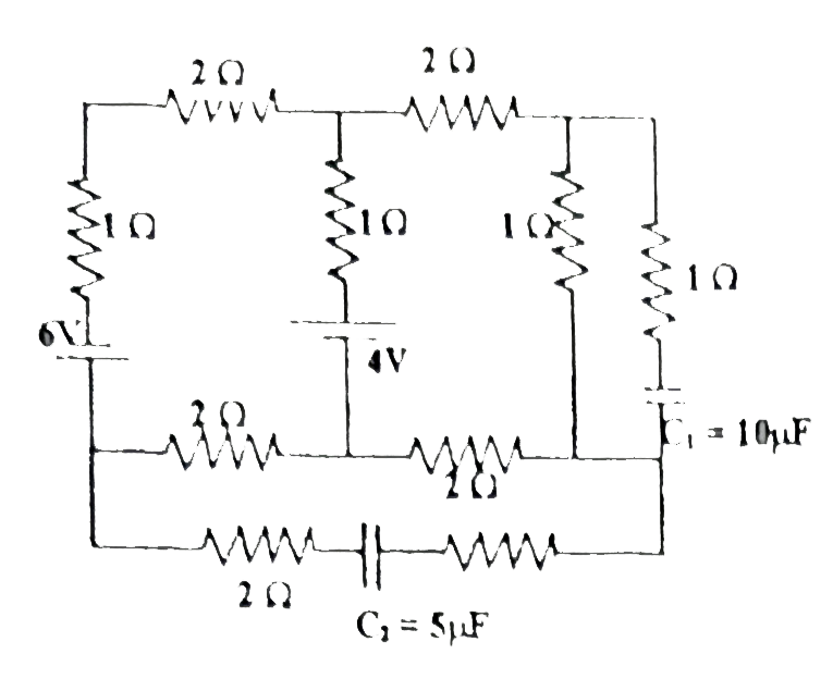 Find the current in each branch f the given circuit in steady state. Find the charge on each capacitor.