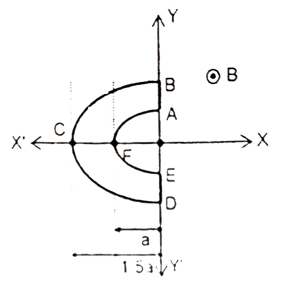 In the figure ABCDEFA is closed conducting wire loop. The part AFE is a portion of an ellipse, (X^(2))/(4a^(2))+(Y^(2))/(a^(2))=1 and BCD is a portion of the ellipse (X^(2))/(9a^(2))+(Y^(2))/(4a^(2))=1   A uniform magnetic field   vecB=B(0)hatk exists in this region. If the frame is rotated about the y- axis with a constant angulat velocity 'omega'. Find the maximum emf induced in the loop.