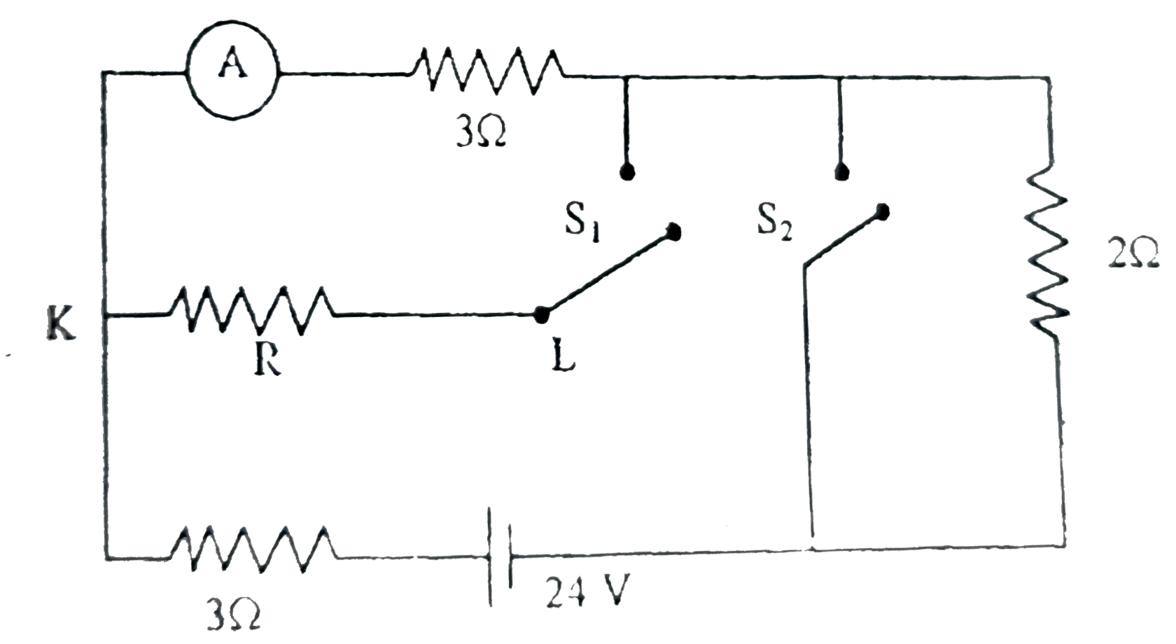 In the circuit shown in the figure, the ideal ammeter reading for current is taken   (a) with both switches open   (b) with both switches closed.   The readings are same in the cases. The value of resistance R is