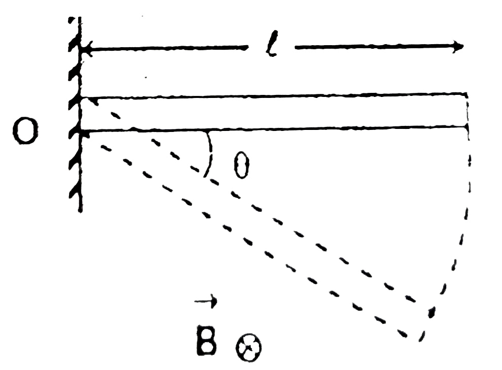 A conducting rod of length l is hinged at point O. It is free to rotate in vertical plane. There exists a uniform magnetic field vecB in horizontal direction. The rod is released from position shown in the figure. Potential difference between two ends of the rod is proportional to