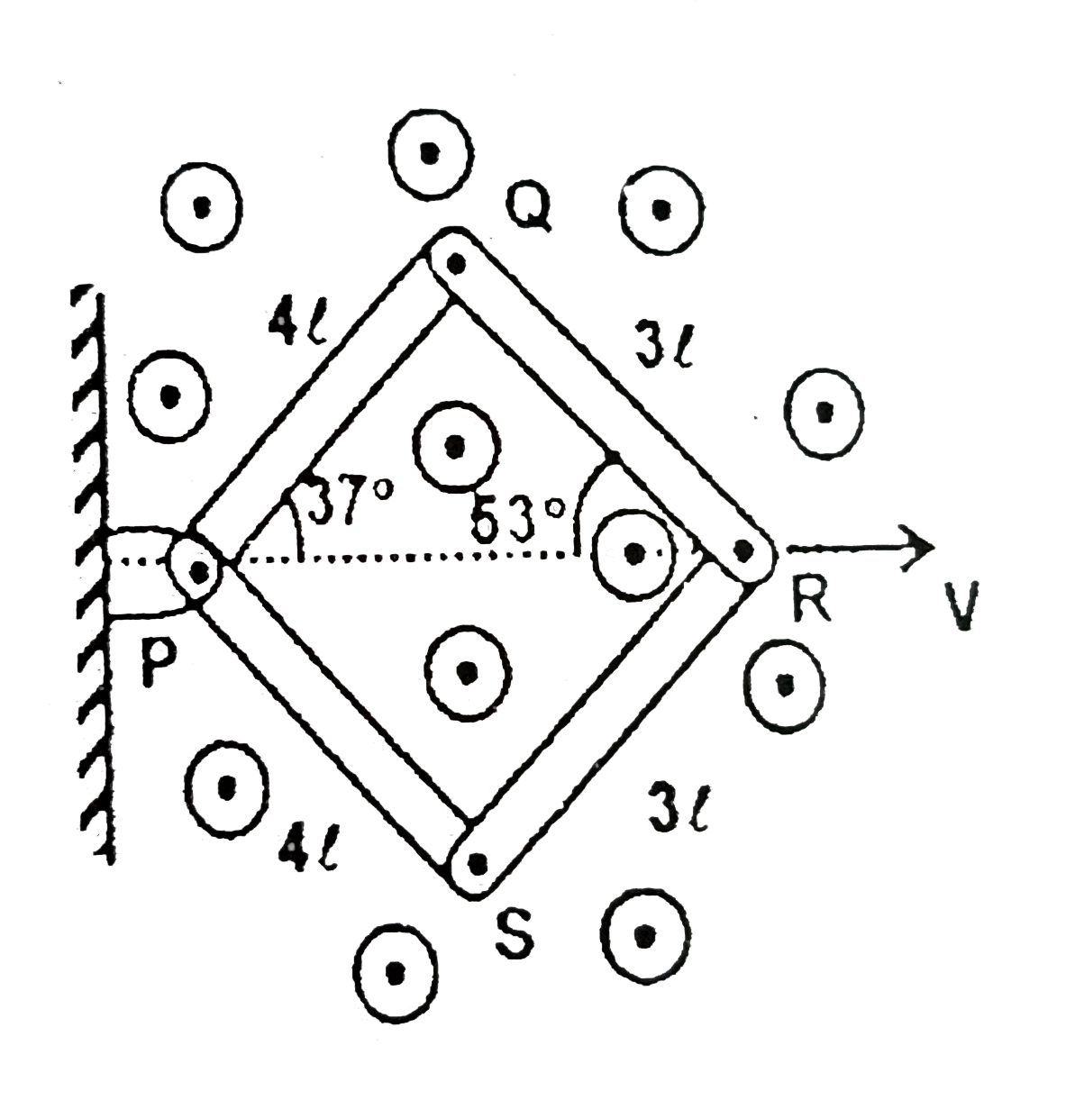 Four identical conducting rods are connected by pins. The velocity of point R is v. A uniform magnetic field B acts out of the paper. Choose the correct statement(s). (PQ=PS=4l and QR=SR=3l)