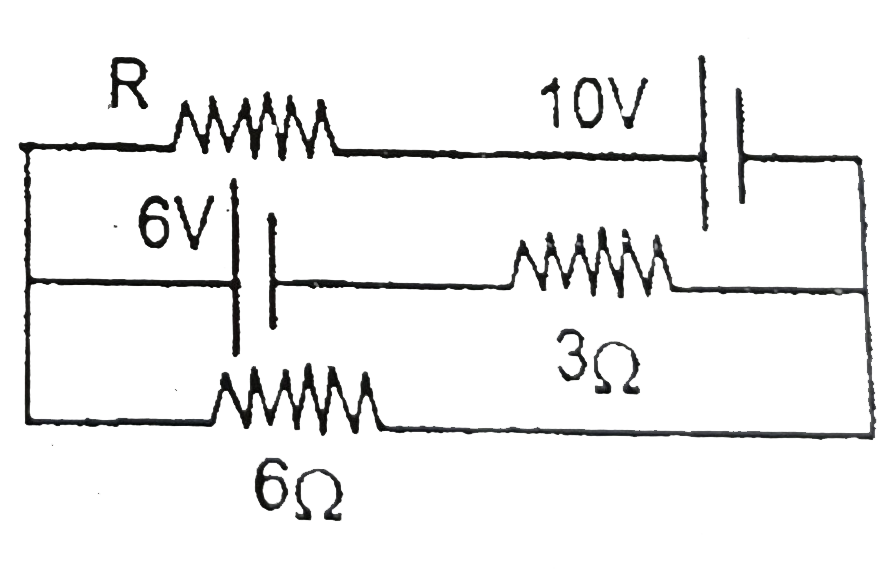 In a circuit shown in figure if the internal resistance of the sources are negligible then at what value of resistance R will the thermal power generated in it be the maximum. What is its value in ohms ?