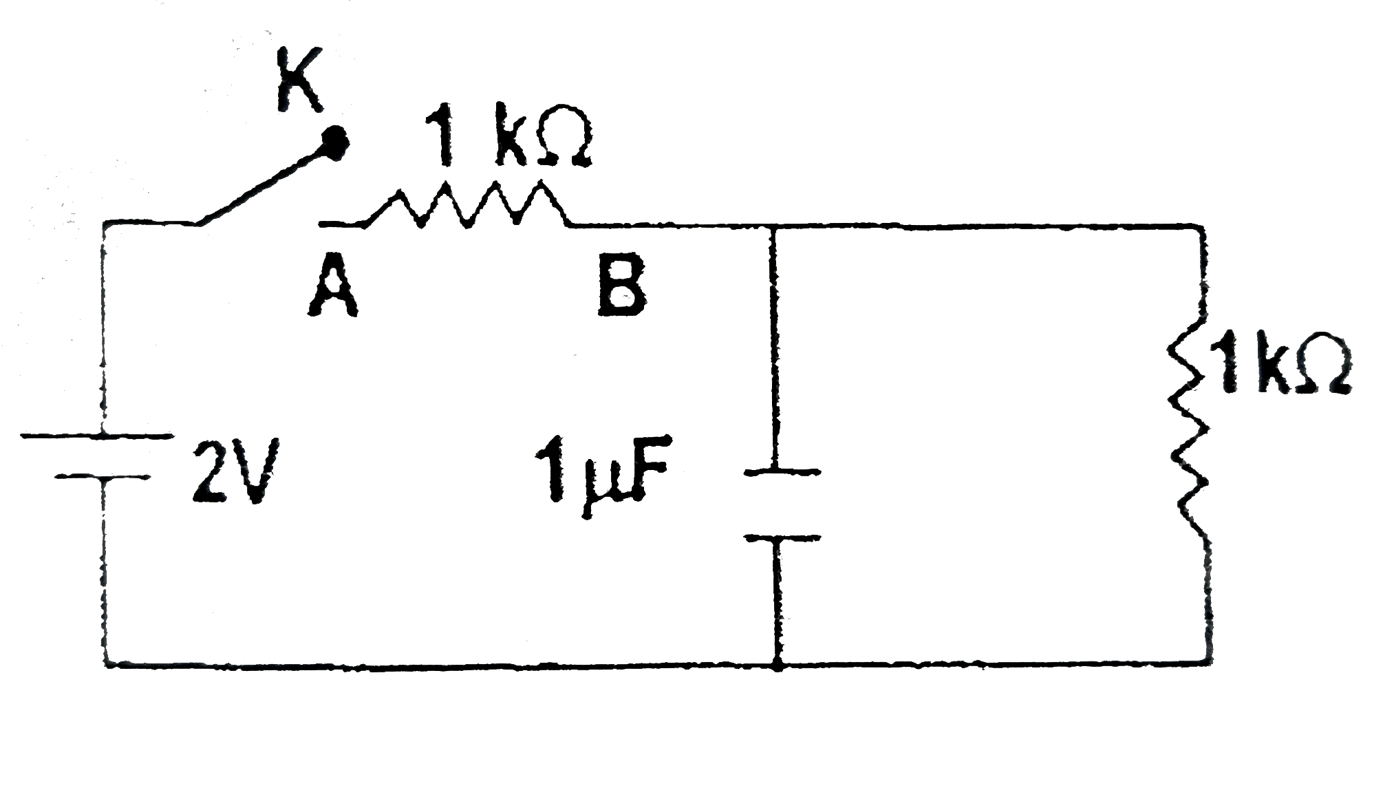 When the key k is pressed at time t=0, which of the following statements about the current I, in the resistor AB of the given circuit is true.