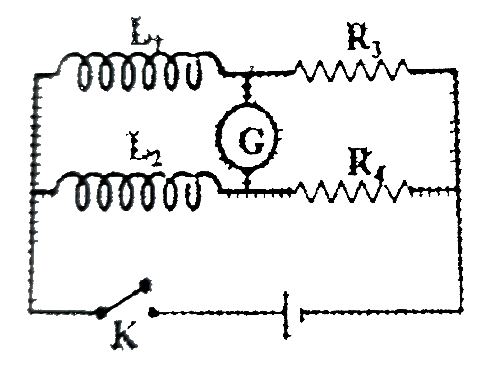 Two inductors of self inductances L(1) and L(2) of reistances R(1) and R(2) (not shown in the diagram) respectively, are connected in the circuit as shown in the figure. At the instant t=0, key K is closed,  obtain the condition for which the galvanometer will show zero deflection at all times after the key is closed.