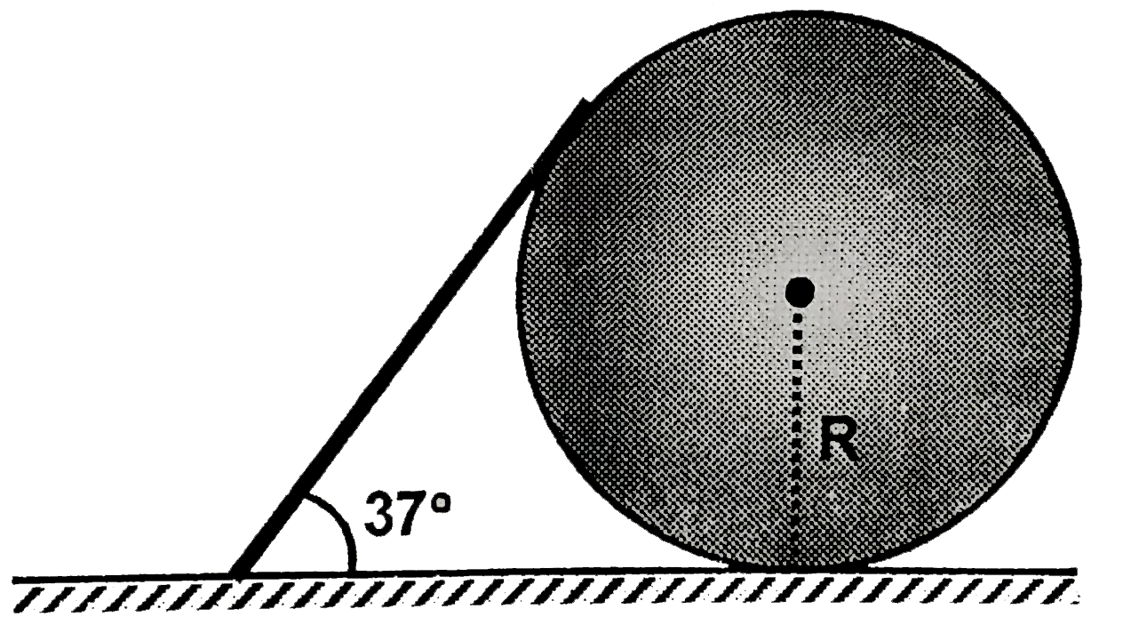A stick o fmas density lamda=8kg//m rests on a disc of radius R=20cm as shown in the figure. The stick makes an angle theta=37^(@) with the horizontal and is tangent to the disc at its upper end. Friction exists at all point of contact and assume that it is large enough to keep the system at rest. Find the friction force (in Newton) between the ground and the disc. (take g=10m//s^(2))