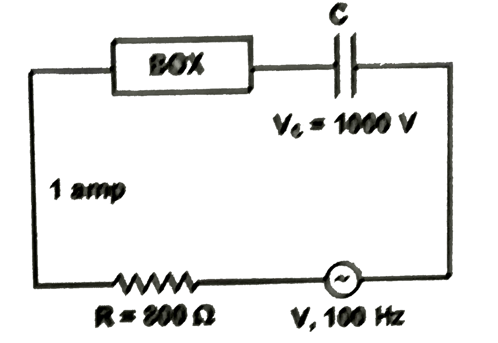A circuit shown in the figure contains a box having either a capacitor or an inductor. The power factor of the circuit is 0.8, while current lags behind the voltage. Then find the inductance/capacitance of the box is S.I. unit (take pi=3.2). The circuit draws 1 ampere current.