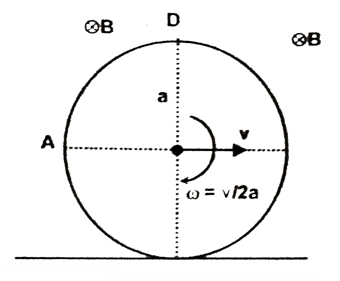 A circular conducting ring of radius 'a' is rolling with slipping on a horizontal surface as shown. A uniform magnetic field B is existing perpendicular to the plane of motion of the ring. The emf iniduced between the points A and D of the ring is