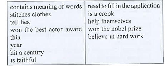 You have come across Relative Clauses in the lesson 'A Letter to God'. Read about the relative clauses again. Complete the sentences given below in the table by adding the most suitable clause from the box and make it a relative clause. The first one has been done for you.       a) A tailor is a person who stitches clothes.    (b) A dictionary is a book  .   (C) The book is about a scientist  .   (d) What is the name of the player .   (e) I don't like people .   (f) What is the name of the actor .   (g) Students should meet the principal in her office.    (h) Friends of the trader thought (that) the tailor and could cheat anyone.    (i) Lencho  who thought God would help him.   (j) Those   will succeed.   (k) God helps those .