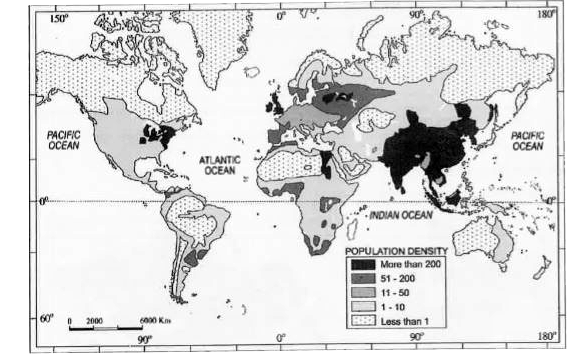 Study the given map and answer the following questions:       (i) Name the nations having high density of population in Asia.   (ii) Name the nations having less than one person of pupulation density.   (iii) Give appropriatge reasons for the above two questions.