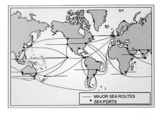 Study the following map carefully and write the names of major sea routes and sea ports.