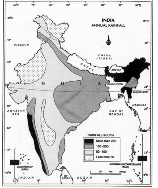 Study the map given below aand answer the questions that follow :      What is variability of rainfall ?