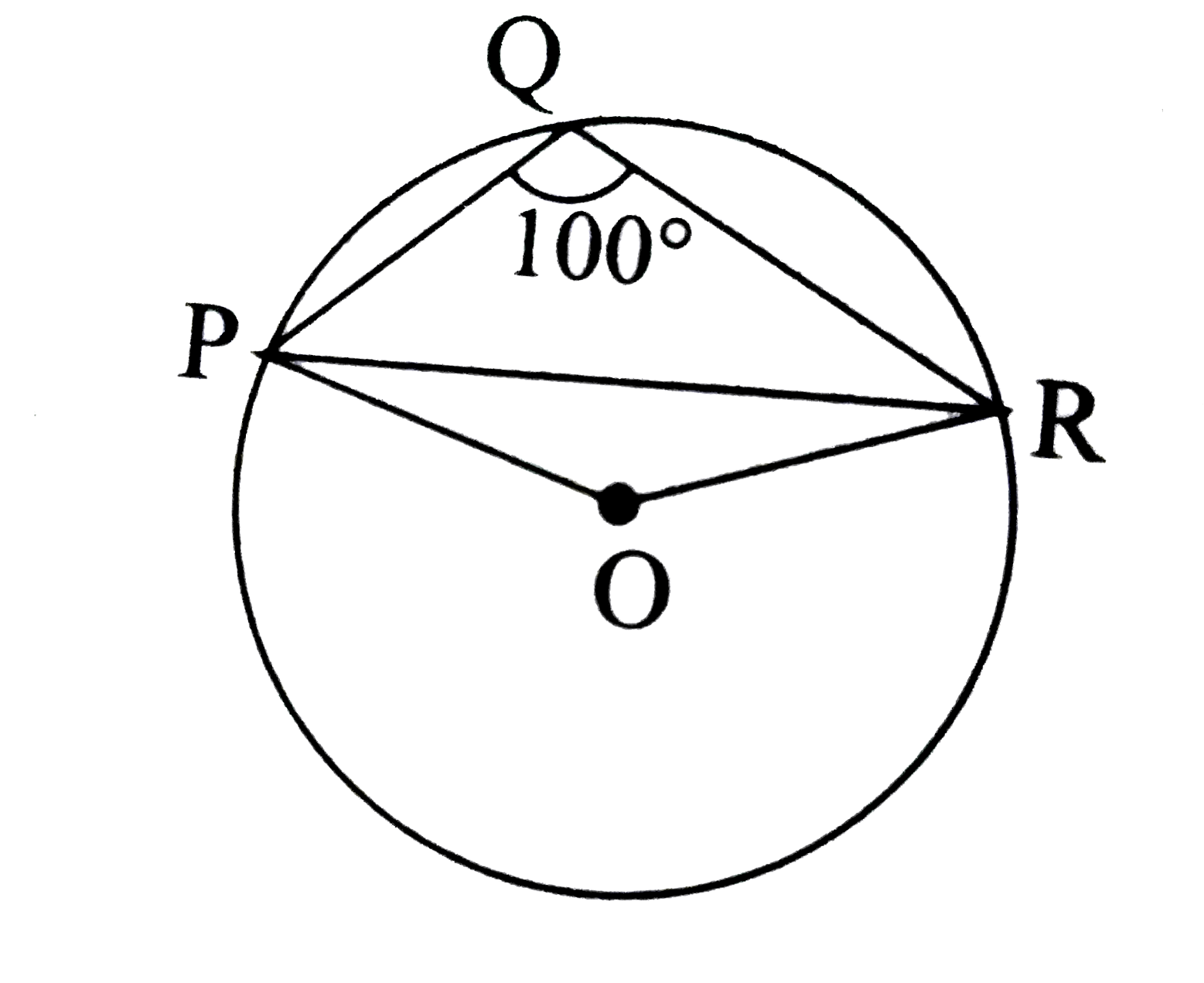 In the given figure angle PQR=100^(@), where P,Q and R are points on a circle with centre 'O' Find angleOPR.