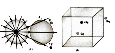 (i) In figure (a) calulate the electric flux through the closed areas A(1) and A(2)   (ii) In figure (b) calculate the electric flux through the cube