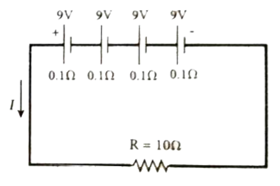 From the given circuit,   Find   (i) Equivalent emf of the combination   (ii) Equivalent internal resistance   (iii) Total current  (iv) Potential difference across external resistance   (v) Potential difference across each cell